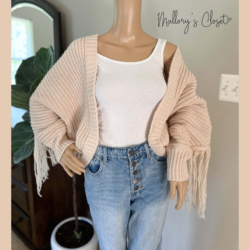 Entro Chunky Fringe Open Front Almond Cardigan - Size: Small